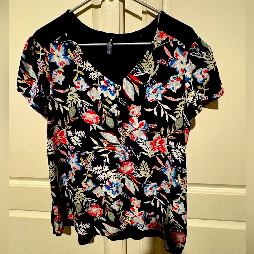Massini Blouse Navy Blue Floral Women’s Top Size M